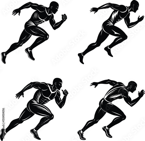 Illustration featuring four black silhouette runners in motion athletes sprinting