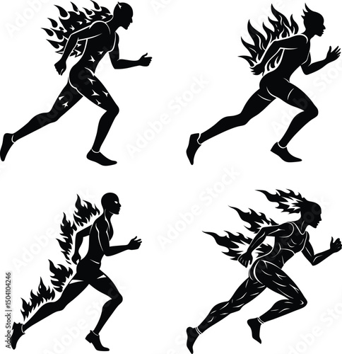 Running figures silhouettes with flames illustration set for sports and competition