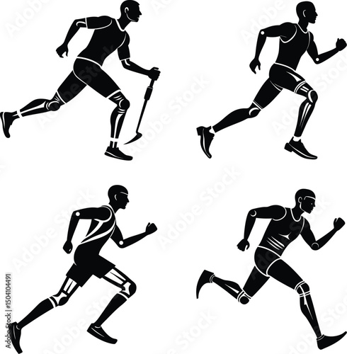 Running athlete silhouettes set training and fitness black and white illustrations
