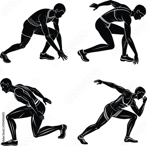 Runner positions in black and white set athletic man sprinting silhouettes