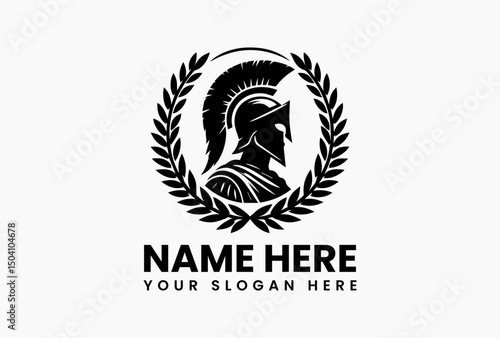 Iconic Spartan helmet enclosed within a classic laurel wreath symbol vector logo. Ancient Greek military history concept