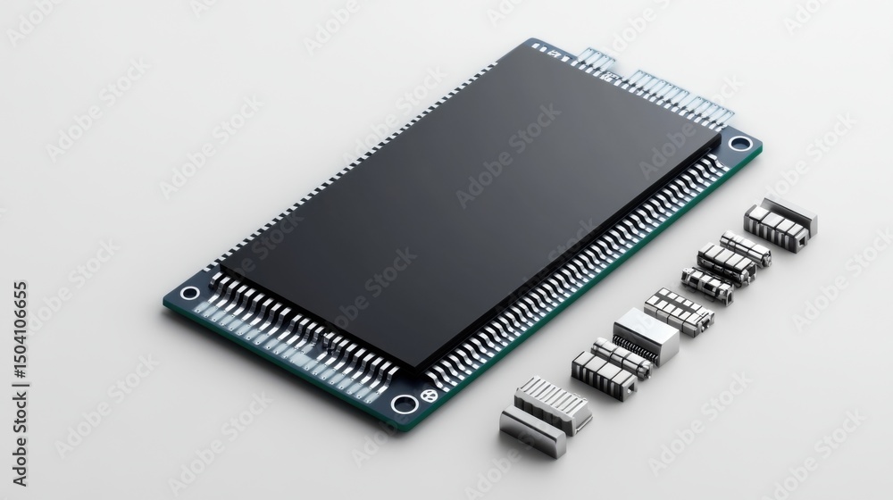 High-Tech Electronic Circuit Board with Microchips and Components on White Background High-Tech Electronic Circuit Board with Microchips and Components on White Background