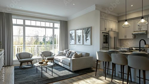 Wallpaper Mural Bright interior living space showcasing modern kitchen with island and comfortable sofa, chairs, and large window with natural light. Torontodigital.ca