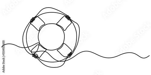 continuous One  line drawing of lifebuoy, Single continuous line drawing lifebuoys, rescue belts, inflatable rubber ring with rope for help and safety of life drowning. Rescue ring for quick help. 
