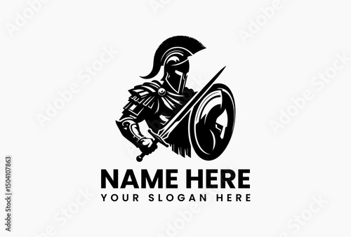 Fearsome Spartan fighter silhouette in full regalia with weapons vector logo. Classical warfare concept  