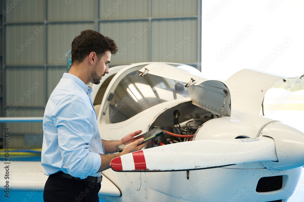 Aircraft mechanic using digital tablet performing maintenance check on small airplane engine Aircraft mechanic using digital tablet performing maintenance check on small airplane engine