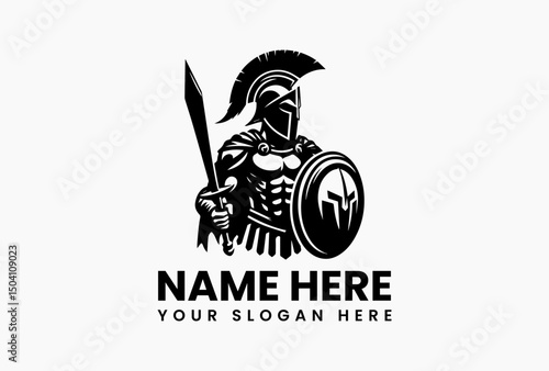 Fearsome Spartan fighter silhouette in full regalia with weapons vector logo. Classical warfare concept  