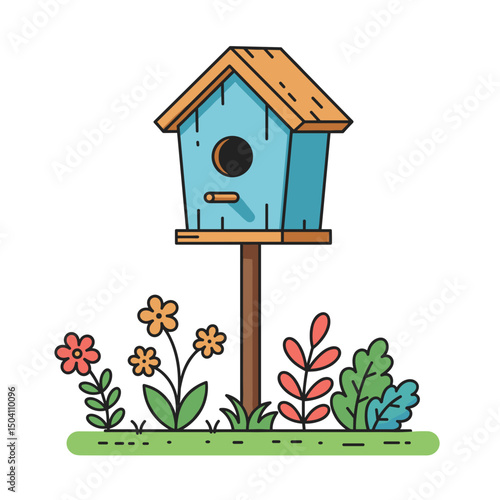 Colorful birdhouse on a wooden post surrounded by blooming flowers  