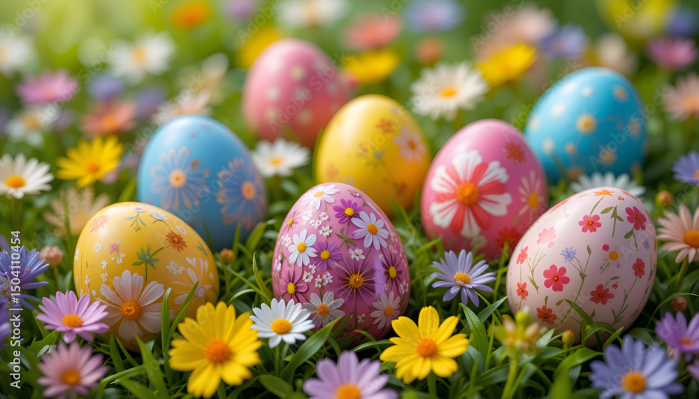 Colorful Easter eggs on grass with spring flowers
Colorful Easter eggs on grass with spring flowers