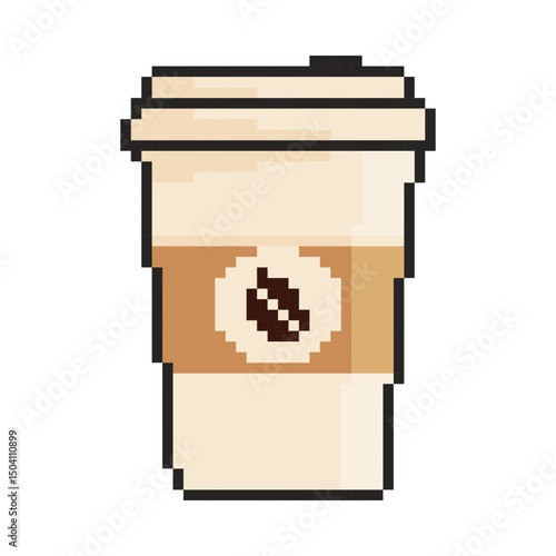 8 bit coffee cup icon. Pixel art object. Old school vintage game graphic.