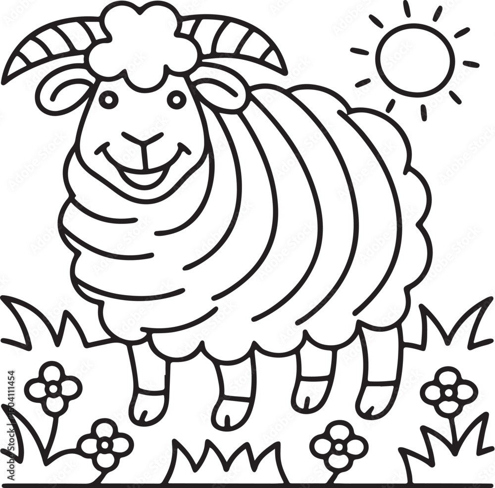 Naklejka premium Adorable Cute Sheep Coloring Pages – Fun, Relaxing and Whimsical Sheep Designs for Kids and Adults, Printable PDF, Fluffy Farm Animals, Kawaii Lamb Art