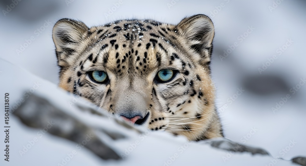 Fototapeta premium Snow Leopard's Intense Stare: A Glimpse Into Rare Wildlife, Majestic Beauty & Elusive Hunter in Snowy Habitat, Evoking Power and Mystery of Nature