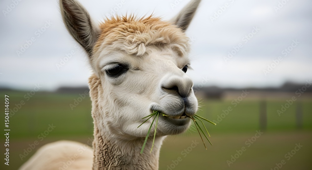 Obraz premium Gentle Gaze: Alpaca Grazing Contentedly, A Portrait of Serenity and Connection to Nature's Simplicity, Peaceful Meadows Backdrop, Soft Light, Grazing