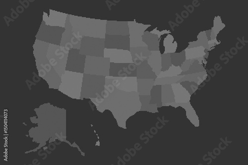 This pixel map outlines the geographical boundaries of the United States, clearly identifying individual states in a grayscale format for easy visualization and reference.