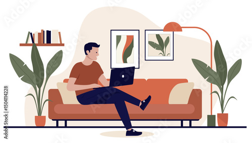 Man using laptop in sofa - Person sitting cross legged in couch at home in living room relaxing with laptop in lap smiling. Flat design isolated vector illustration graphic on white background