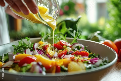 Creative capture of a person drizzling zesty dressing over a vibrant salad in a sunny kitchen setting