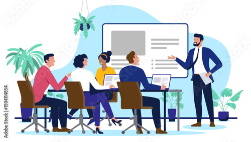 Business meeting presentation - People at office meeting table listening to businessman presenting and talking with tv screen. Business strategy and process concept in flat design vector illustration