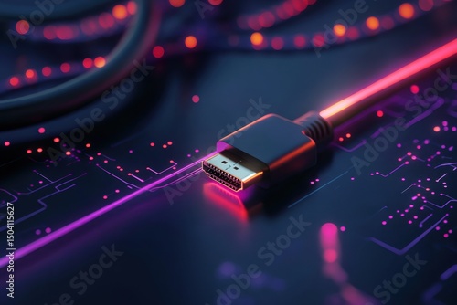 Close up of hdmi cable connector on a circuit board with glowing pink and red lights around it