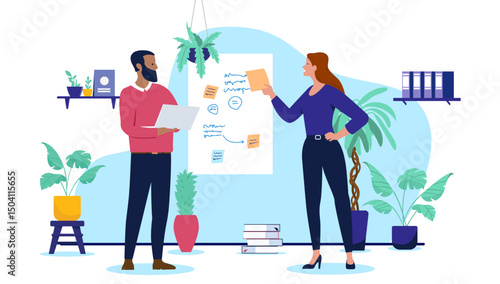 People using sticky notes at work - Two businesspeople brainstorming at work writing notes, sketching and planning project process. Flat design vector illustration graphic isolated on white background