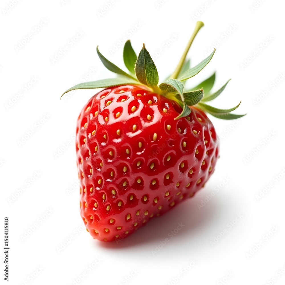 Vibrant Ripe Strawberry with Glossy Red Texture and Green Leaf Crown on White Background Vibrant Ripe Strawberry with Glossy Red Texture and Green Leaf Crown on White Background