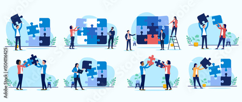 Businesspeople with puzzle collection - Business problem solving set of vector illustrations with jigsaw pieces connecting and finding perfect match. Flat design graphics on white background
