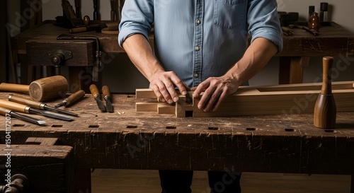 Crafting Excellence: A Carpenter's Hands Shape Wood, Precision and Tradition Intertwined, Perfecting the Art of Woodwork with Skill and Care