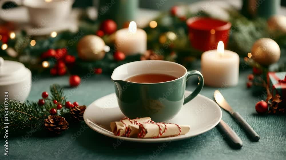 Cozy holiday setting with lit candles and hot beverage in festive surroundings Cozy holiday setting with lit candles and hot beverage in festive surroundings