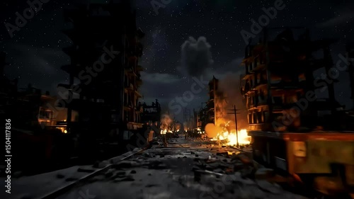 Post-Apocalyptic Cityscape Ruins and Fire at Night, World War Three Concepts, Generative AI
