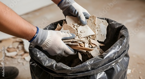 Renovation Debris Removal: Gloves Hand Gathering Rubble Filled Trash Bag. Cleanup Construction Site, Protecting Hands, Professional Approach, Disposal Concept