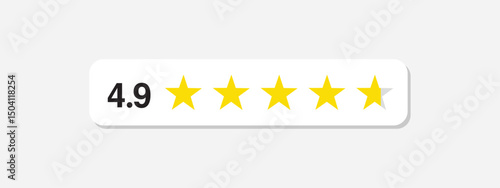 Five stars rate icon. 4,9 stars customer product rating review flat icon. Customer review with five yellow stars. Service satisfaction, quality, good rate vector illustration