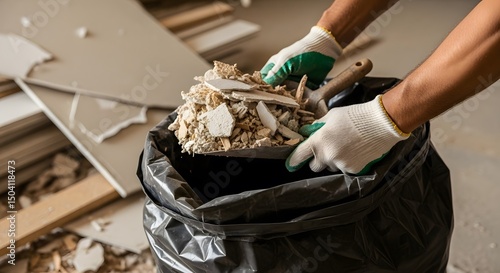 Demolition Debris Removal: A Waste Management Solution Highlighting Construction Clean-up and Responsible Disposal Practiced with Gloves, and Safety Standards
