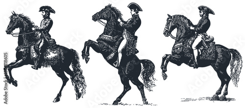 Set of three vintage vector illustrations: a historical military officer on a rearing horse. Engraving style, black & white, isolated.