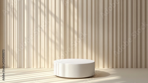 Minimalist Interior Scene with Round Podium and Textured Beige Background Wall