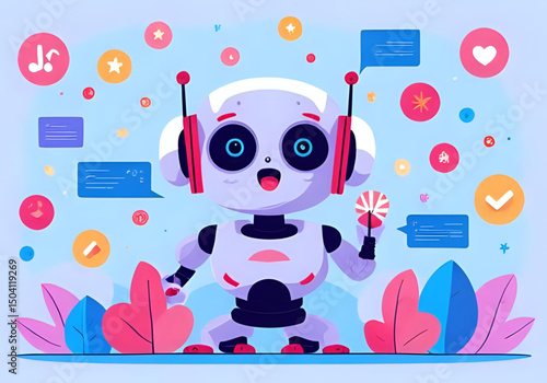 Vector concept of AI-powered marketing tools: artificial intelligence robot helping marketers automate tasks like targeting, segmentation, and data analysis. Futuristic yet clean flat style