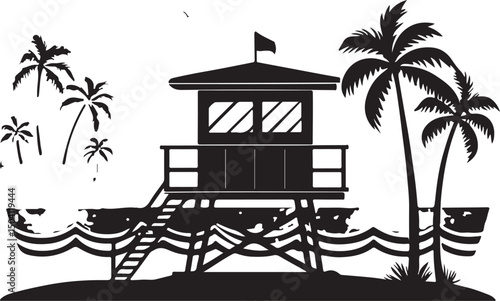 Tropical beach landscape with a silhouette of a wooden house, palm trees, and a summer sunset over the ocean