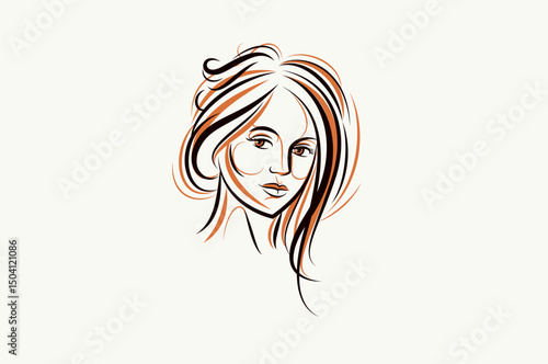 Beauty young woman face vector illustration, logo look like drawing for cosmetology or skincare or cosmetics brand, classic style emblem.