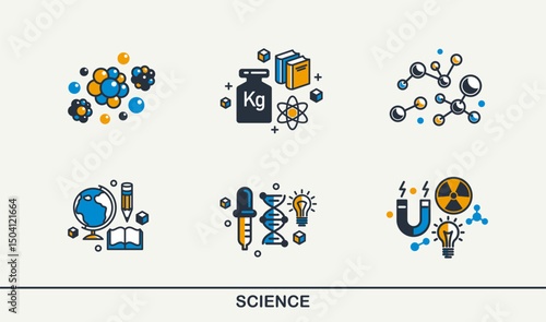 Science vector detailed icons set, physics and chemistry bundle, mathematics and geography study education.