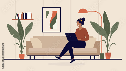 Woman with laptop in couch at home - Person sitting cross legged with computer in sofa, relaxing and enjoying spare time online surfing on internet web. Flat design vector illustration