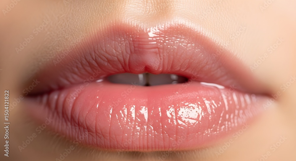 Fototapeta premium Luscious Lips: A Close-Up of Glossy Perfection, Representing Beauty, Sensuality, and the Allure of Modern Cosmetics and Lip Care Innovation.