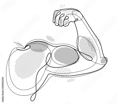 Muscular hand of bodybuilder showing strong biceps vector linear illustration isolated, fitness and gym sport theme drawing.