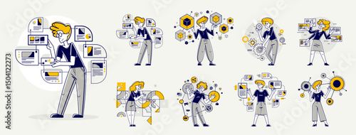 Data systematization, collecting and analyzing information, intellectual worker making analysis of some data on pc or web, vector outline illustration set.