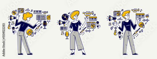 Music producer composing new track vector outline illustration set, sound engineer doing his job in recording studio, composer creating audio mix.