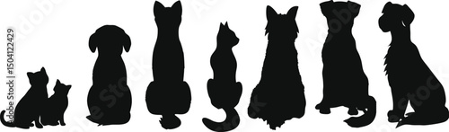 Silhouettes of Cats and Dogs Sitting in a Row Back View