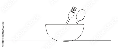 art of a continuous line from a bowl, spoon, fork image. this icon is for stickers or restaurant logo banners.