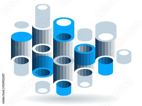 Abstract modern architecture vector geometric background, 3D isometric pattern with cylinders, tubes and pipes rhythmic optical art.