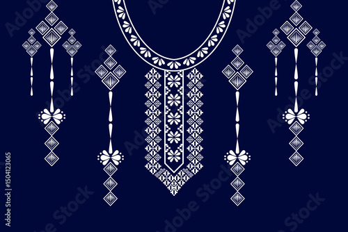 Geometric ethnic neckline flower pattern background. traditional style. decoration, textile, fabric, clothing.