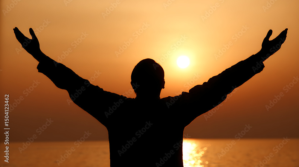 Fototapeta premium A man is standing on a beach with his arms raised in the air