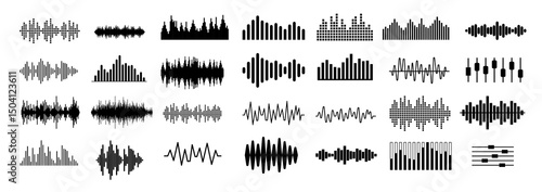 Sound and audio vector elements collection - Set of graphics with music or voice frequency symbols in black on white background