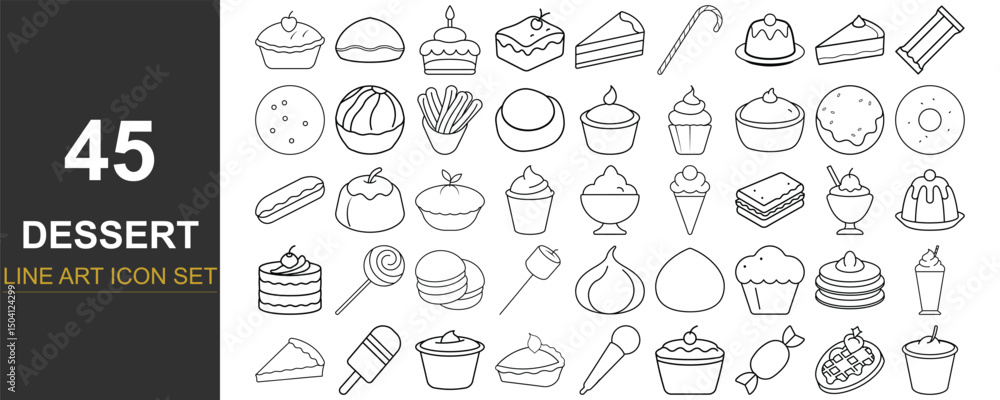 Fototapeta premium 45 Line Art Vector Icons of Global Desserts Including Mochi, Gelato, Tiramisu, Crème Brûlée, Sorbet, Parfait, and More – Thin Monoline Style Perfect for Culinary Apps, Recipe Blogs, and Packaging