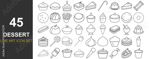 45 Line Art Vector Icons of Global Desserts Including Mochi, Gelato, Tiramisu, Crème Brûlée, Sorbet, Parfait, and More – Thin Monoline Style Perfect for Culinary Apps, Recipe Blogs, and Packaging